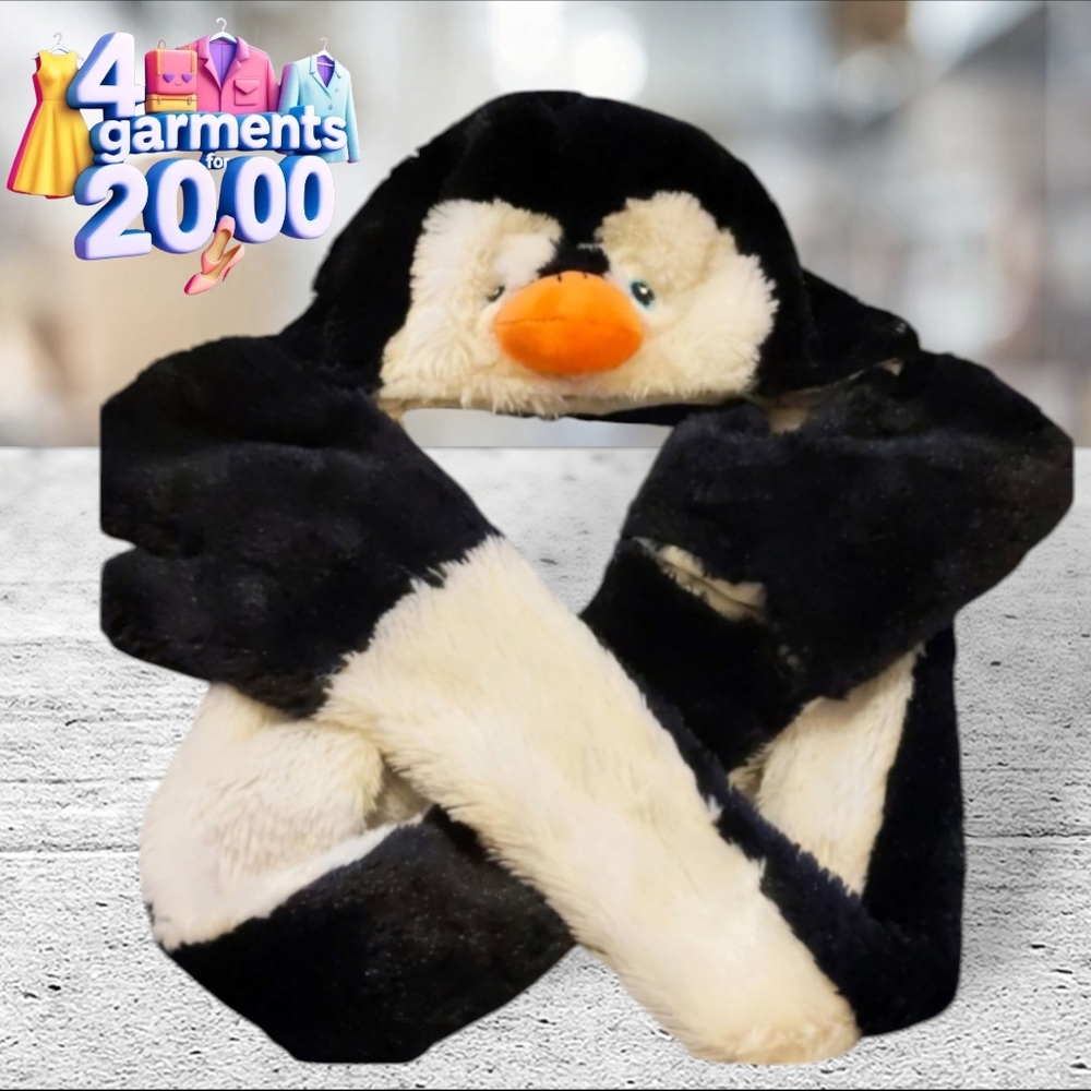 Penguin beanie with scarf and mittens all in one